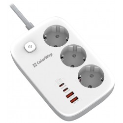COLORWAY Prodlužovací napájecí přívod/ 3x Schuko/ 2x USB-A 60W/ 2x USB-C 65W/ kabel 2m