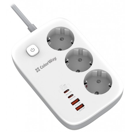 COLORWAY Prodlužovací napájecí přívod/ 3x Schuko/ 2x USB-A 60W/ 2x USB-C 65W/ kabel 2m