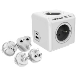 Cubenest Powercube ReWirable USB PD 20W, A+C, 4× zásuvka, bílá/šedá, 4 cestovní koncovky, dětská pojistka, uzemnění