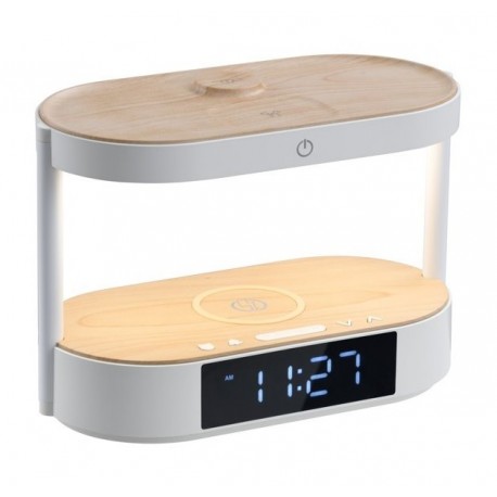 IMMAX LED budík TRIPLE DOCK/ 3v1 bezdrátové nabíjení/ 20W/ 9V/2,22A/ AC 220-230V/ 30lm/ USB-C/ bílý (světlé dřevo)