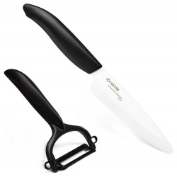 KYOCERA keramický nůž na ovoce a zeleninu s bílou čepelí 11 cm, černá rukojeť + škrabka na ovoce a zeleninu