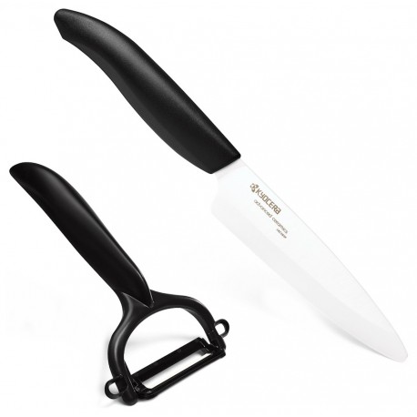 KYOCERA keramický nůž na ovoce a zeleninu s bílou čepelí 11 cm, černá rukojeť + škrabka na ovoce a zeleninu