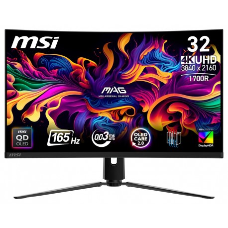 MSI Gaming MAG 21CUP QD-OLED/ 31,5" zakřivený/ 3840 x 2160/ UHD/ 0,03ms/ 165Hz/ 250cd/m2/ 1,5M:1/ HDMI/ DP/ VESA/ černý