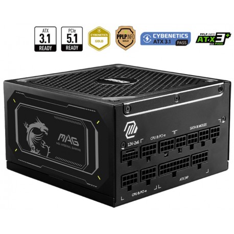 MSI zdroj MAG A1000GL PCIE5 II/ 1000W/ ATX3.1/ akt. PFC/ 7 let celk. záruka/ 135mm fan/ modulární kabeláž/ 80PLUS Gold