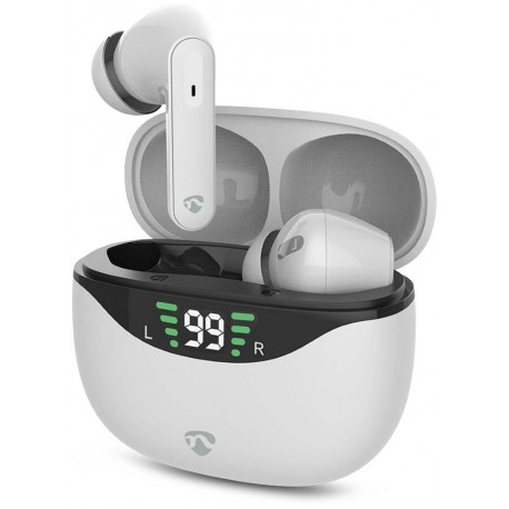 NEDIS bezdrátová sluchátka + mikrofon/ TWS/ BT/ výdrž 30 hod/ 100 dB/ ovládání dotykem/ nabíjecí pouzdro/ USB-C/ bílé
