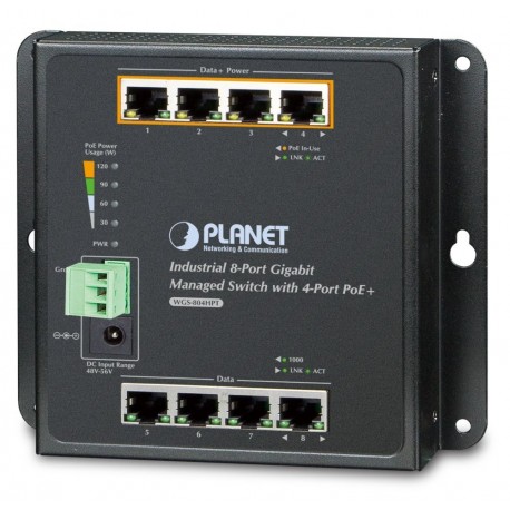OPRAVENÉ - Planet WGS-804HPT plochý L2 switch, 8x1Gb, 4x PoE 802.3at 144W, 48-54VDC, -40~75°C, IP30, fanless