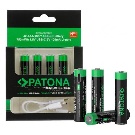 PATONA nabíjecí baterie AAA/LR03 Li-Pol 500mAh 1,5V s USB-C nabíjením, 4ks v balení