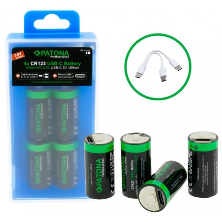 PATONA nabíjecí baterie CR123A Li-lon 800mAh 3,0 V s USB-C nabíjením, 4ks v balení