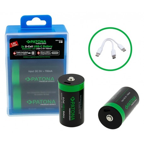 PATONA nabíjecí baterie LR20 mono D Li-lon 4000mAh 1,5V s USB-C nabíjením, 2ks v balení