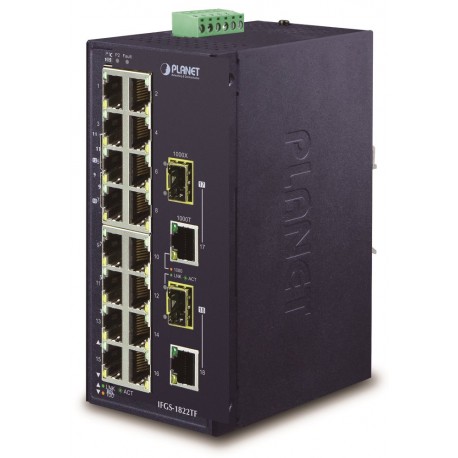 Planet IFGS-1822TF průmyslový switch, 16x100M + 2x1Gb/SFP, -40 až 75st.C, dual 9-48VDC, IP30, fanless