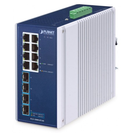Planet IGS-1000-8T4X průmyslový L2 switch, 8x1Gb, 4x10Gb SFP+, -40~75°C, 9-48VDC, IP30, fanless