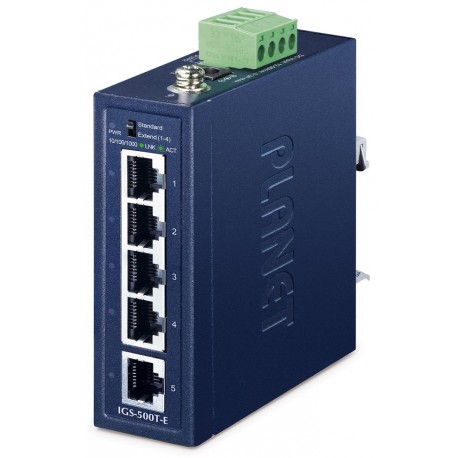 Planet IGS-500T-E, 5x 1000Base-T, DIN, IP40, rozšířený teplotní rozsah -40~75°C, ESD+EFT do 6kV, triple 12~55VDC, 250m