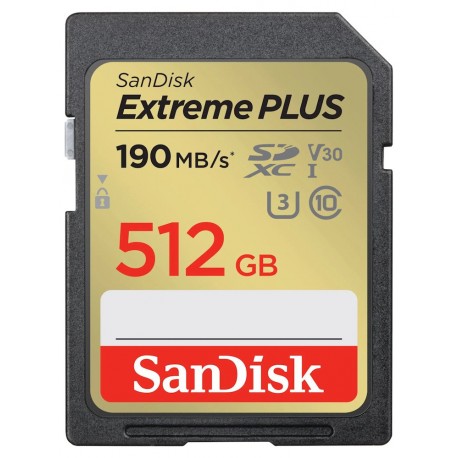 SanDisk Extreme PLUS 512GB SDXC / UHS-I, Class 10, U3, V30 /  up to 190MB/s & 130MB/s Read/Write / + 2 years RescuePRO