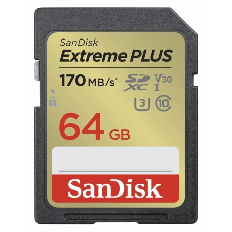 SanDisk Extreme PLUS 64GB SDXC / UHS-I, Class 10, U3, V30 /  up to 170MB/s & 80MB/s Read/Write / + 2 years RescuePRO