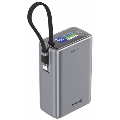 Swissten Power Bank Cestovní 25000 mAh (96.25Wh) 100W s Integrovaným Kabelem USB-C Šedá