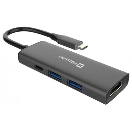 Swissten usb-c hub 4-in-1 (usb-c 100w, hdmi 4k, 2x usb-a) aluminium