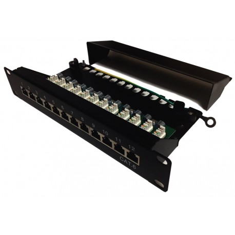 XtendLan Patch panel 10", 12 portů, 1U, Cat6, stíněný, LSA, s krytem, vodorovné umístění konektorů, zemnič, černý