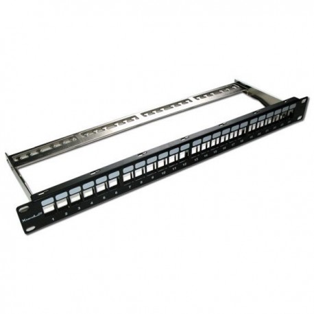 XtendLan Patch panel 19", 24 portů, neosazený, stíněný, černý, Cat5e/6/6A/7, vyvazovák