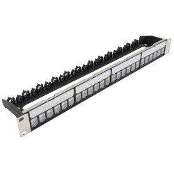 XtendLan Patch panel 19", 24 portů, neosazený, stíněný, černý, Cat5e/6/6A/7, vyvazovák, akce 10+1ks za 1Kč