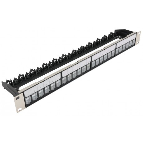 XtendLan Patch panel 19", 24 portů, neosazený, stíněný, černý, Cat5e/6/6A/7, vyvazovák, akce 10+1ks za 1Kč